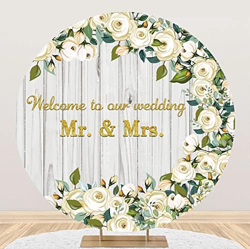 Yeele 7.5x7. 5ft Mr & Mrs Düğün Yuvarlak Zemin Örtüsü Düğünümüze hoş geldiniz Beyaz Gül Çiçek Ahşap Fotoğraf Arka