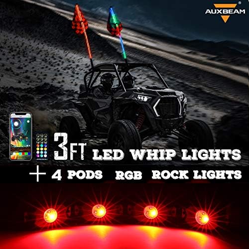 Auxbeam RGB LED kaya ışıkları 4 bakla + 3FT RGB LED ışıklı kamçı w/fren ve dönüş sinyal ışığı 2 adet, Bluetooth çok