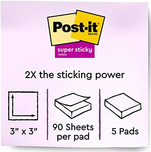 Post-it Süper Yapışkan Notlar, 3x3 inç, 5 Ped, 2x Yapışma Gücü, Elektrikli Sarı, Geri Dönüştürülebilir (654-5SSY)
