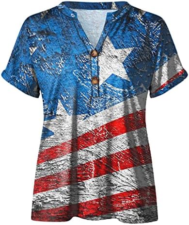 Amerikan Bayrağı T-Shirt Kadın 2023 ABD Yıldız Çizgili 4th Temmuz Tee Gömlek Casual Yaz Üstleri Düğme V Boyun Tee
